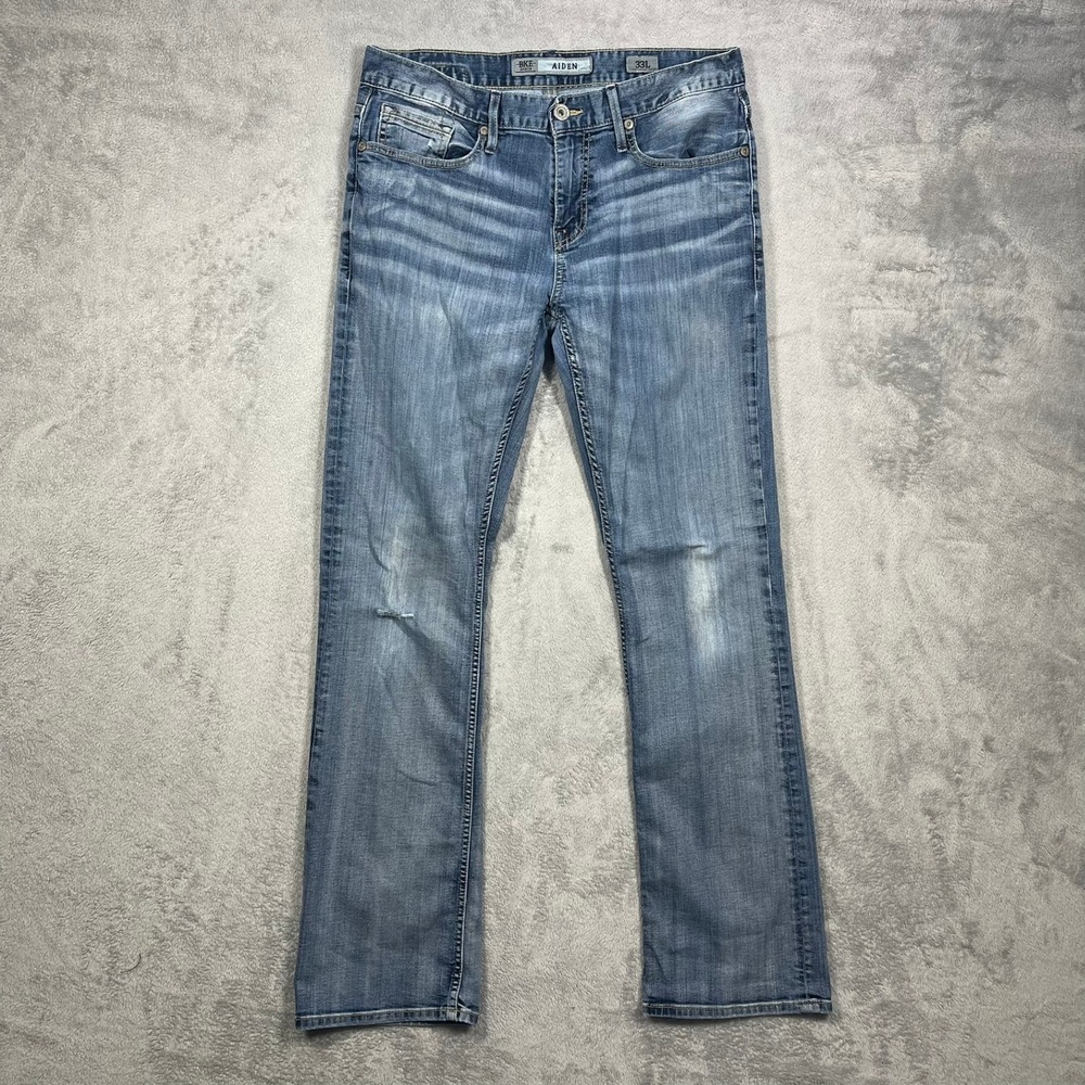 BKE Aiden Jeans Mens 33L(32L) Blue Straight Leg Distressed Stretch Denim